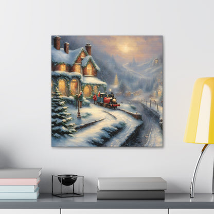 Snowy Christmas Village Train Canvas Gallery Wrap