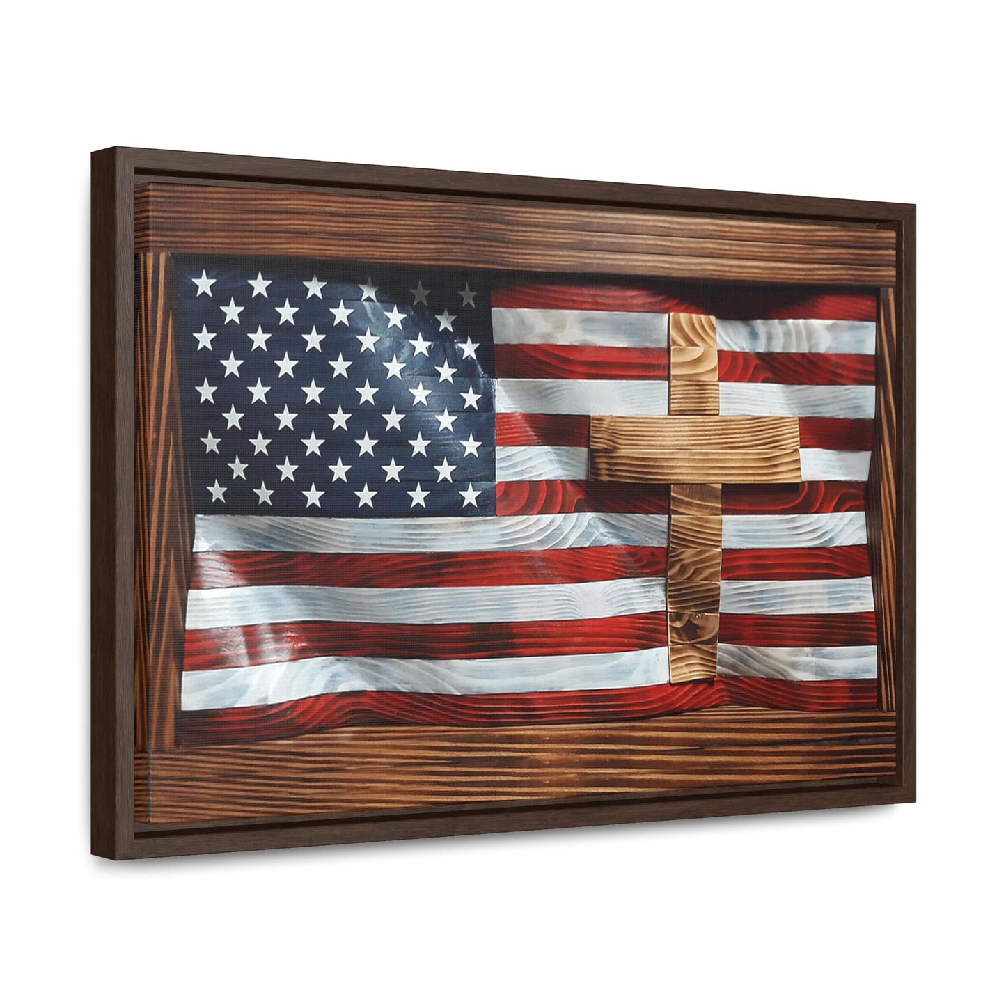 Wavy US Flag With Inlayed Cross Gallery Wrapped Canvas Art