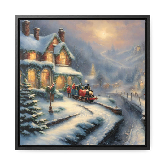 Snowy Christmas Village Train Gallery Canvas Wraps, Black Frame