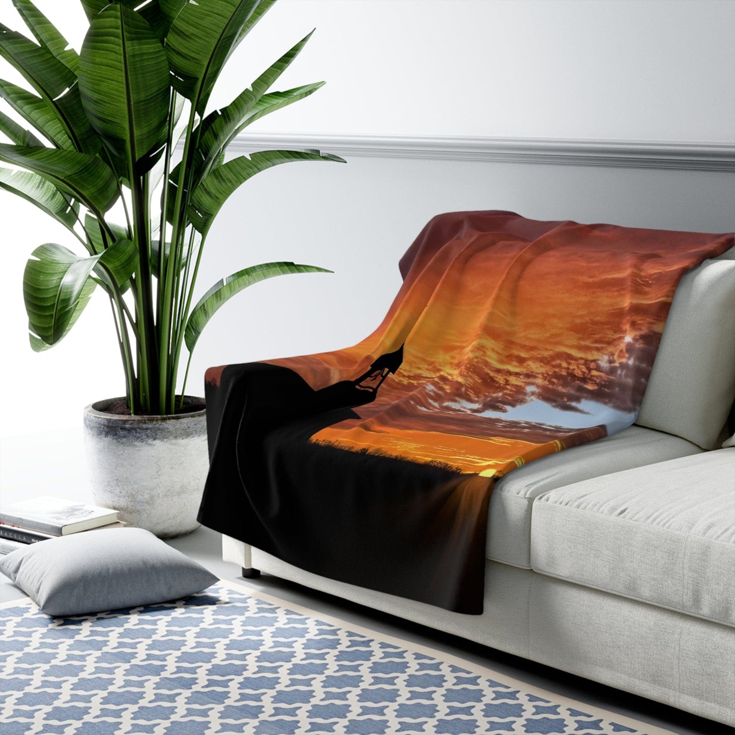 "Small Country Church Silhouette Against A Vibrant Sunset" Sherpa Fleece Blanket  50" X 60"