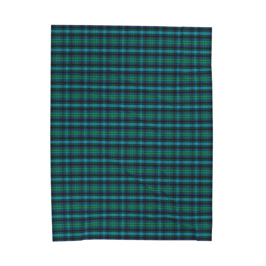 Green Blue Tartan Plaid Print Velveteen Super Soft Plush Blanket 60" X 80"