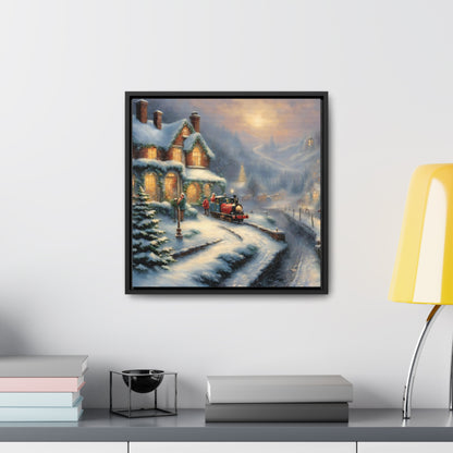 Snowy Christmas Village Train Gallery Canvas Wraps, Black Frame