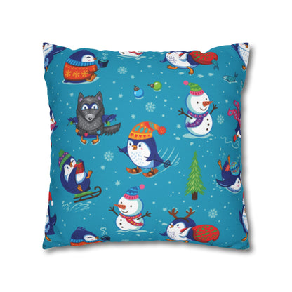 Whimsical Christmas Penguin and Snowman Spun Polyester Square Pillowcase (Cover Only)