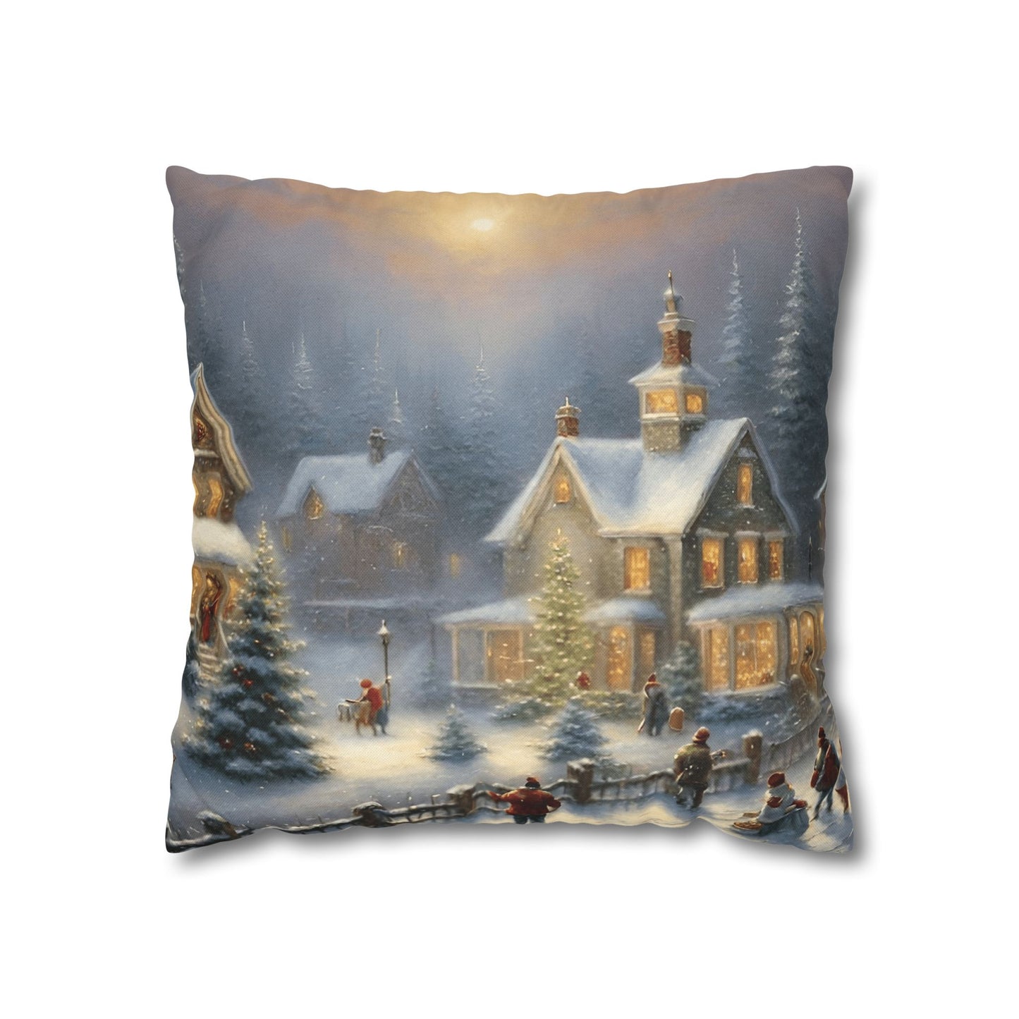 Snowy Christmas Village Spun Polyester Square Pillowcase (Cover Only)