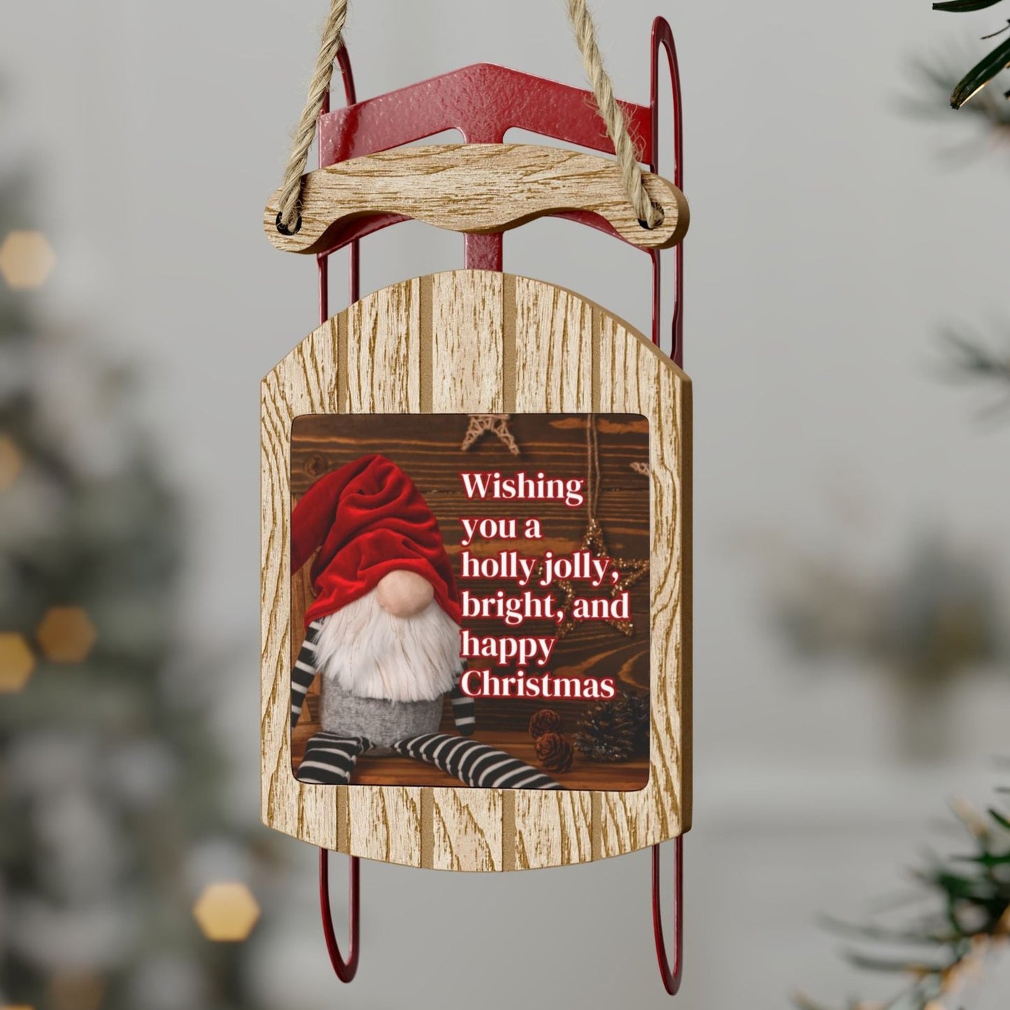 Holly Jolly Christmas Gnome Sled Christmas Tree Ornament (Stocking stuffer, Friends Gift, Co-Worker Gift Bulk Savings)