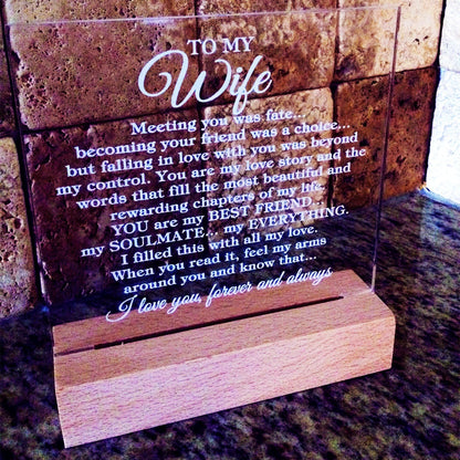 To My Wife "Meeting you was..." Acrylic Plaque With Lighted Base