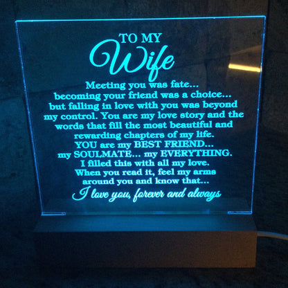 To My Wife "Meeting you was..." Acrylic Plaque With Lighted Base
