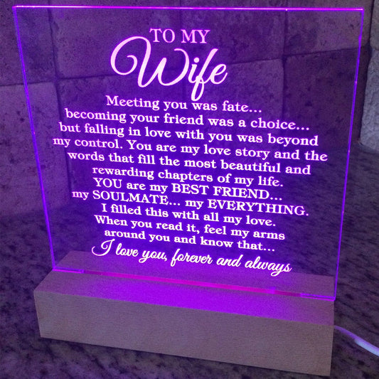 To My Wife "Meeting you was..." Acrylic Plaque With Lighted Base