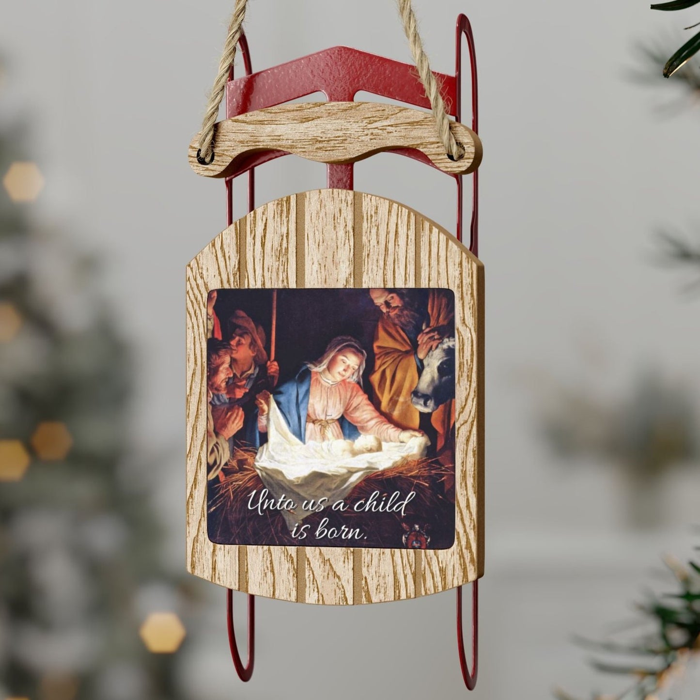 Unto Us a Child Is Born Nativity Scene Sled Christmas Ornament (Stocking stuffer, Friends Gift, Co-Worker Gift Bulk Savings)