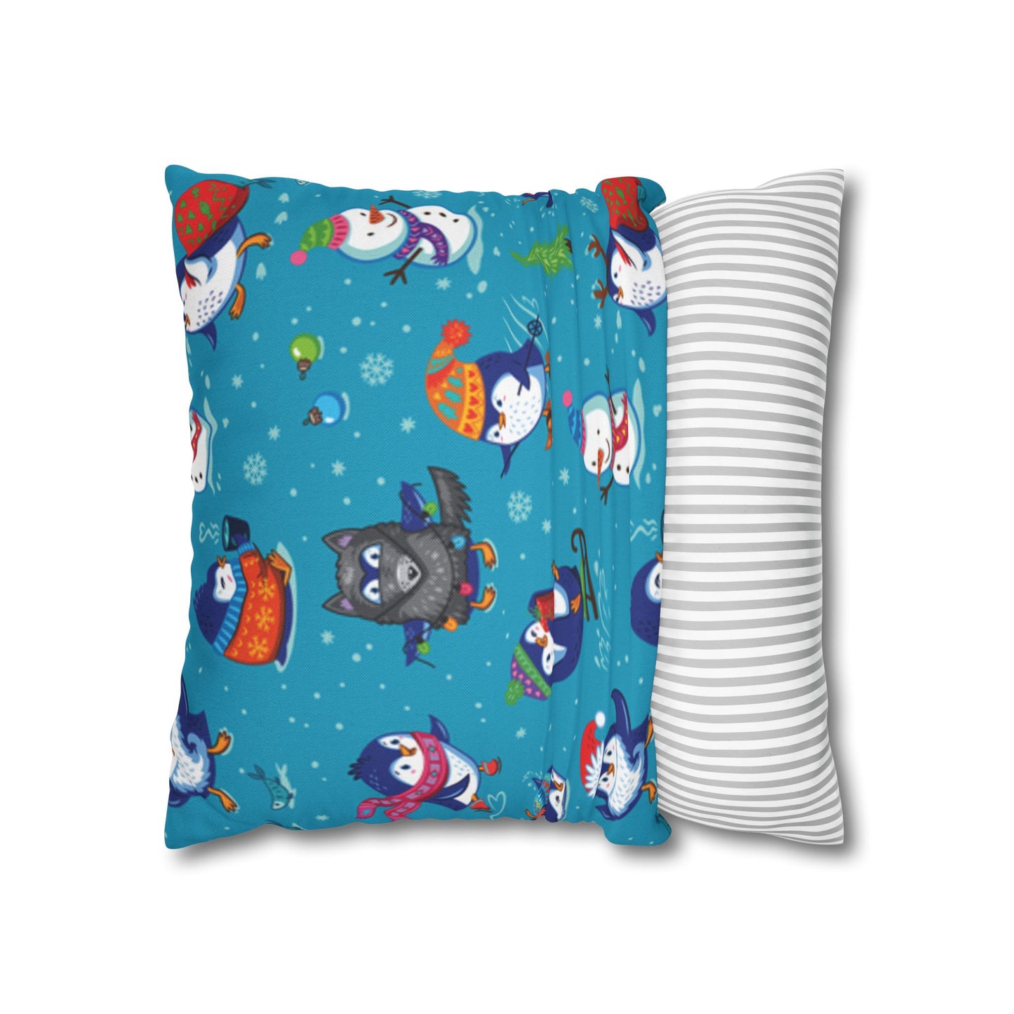 Whimsical Christmas Penguin and Snowman Spun Polyester Square Pillowcase (Cover Only)