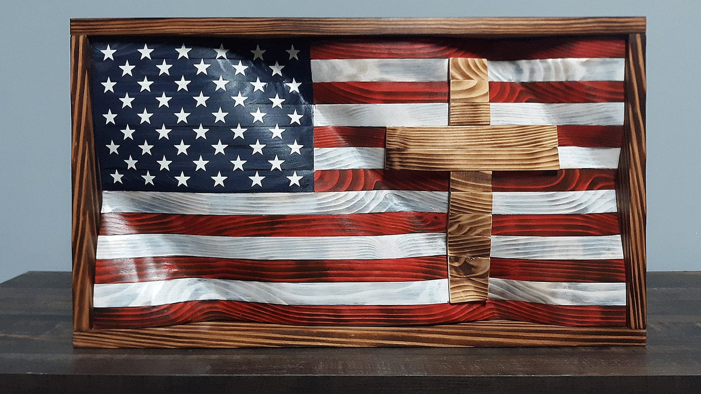Framed Wavy Wooden American Flag with Inlayed Cross, Handcrafted Woodworking by Eric