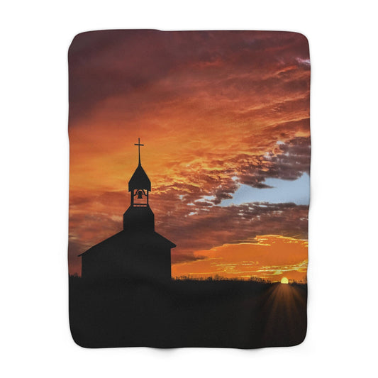 "Small Country Church Silhouette Against A Vibrant Sunset" Sherpa Fleece Blanket  50" X 60"