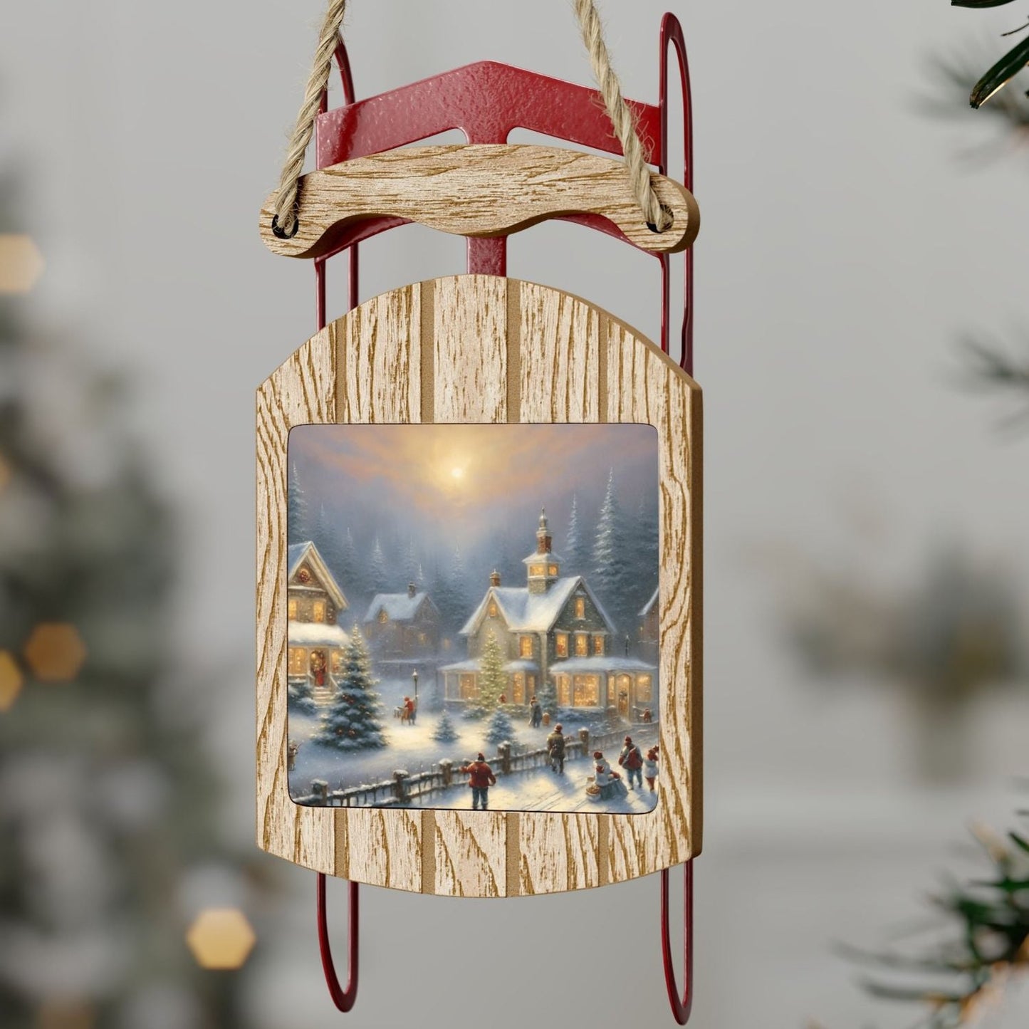 Snowy Christmas Village Sled Christmas Tree Ornament (Stocking stuffer, Friends Gift, Co-Worker Gift Bulk Savings)