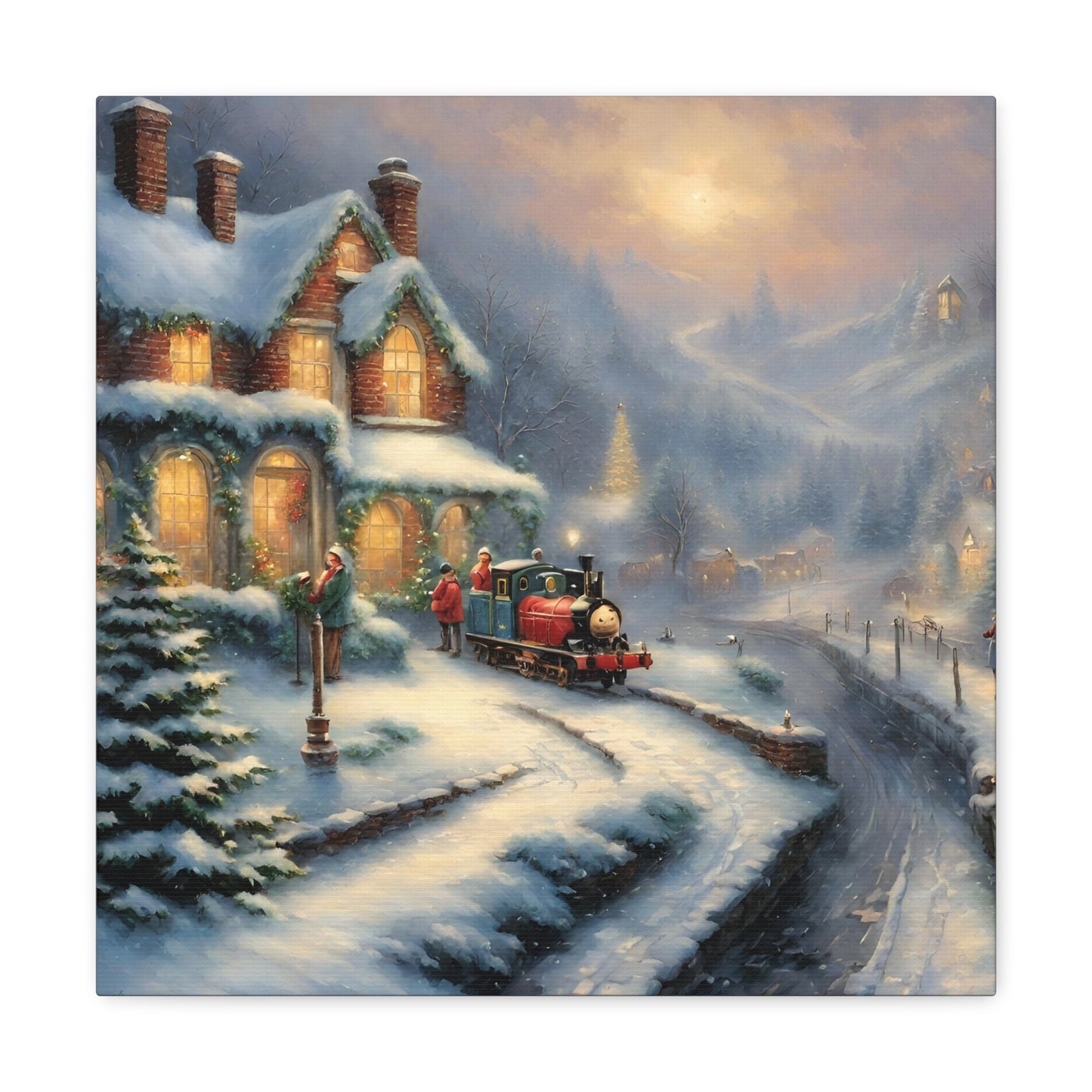 Snowy Christmas Village Train Canvas Gallery Wrap