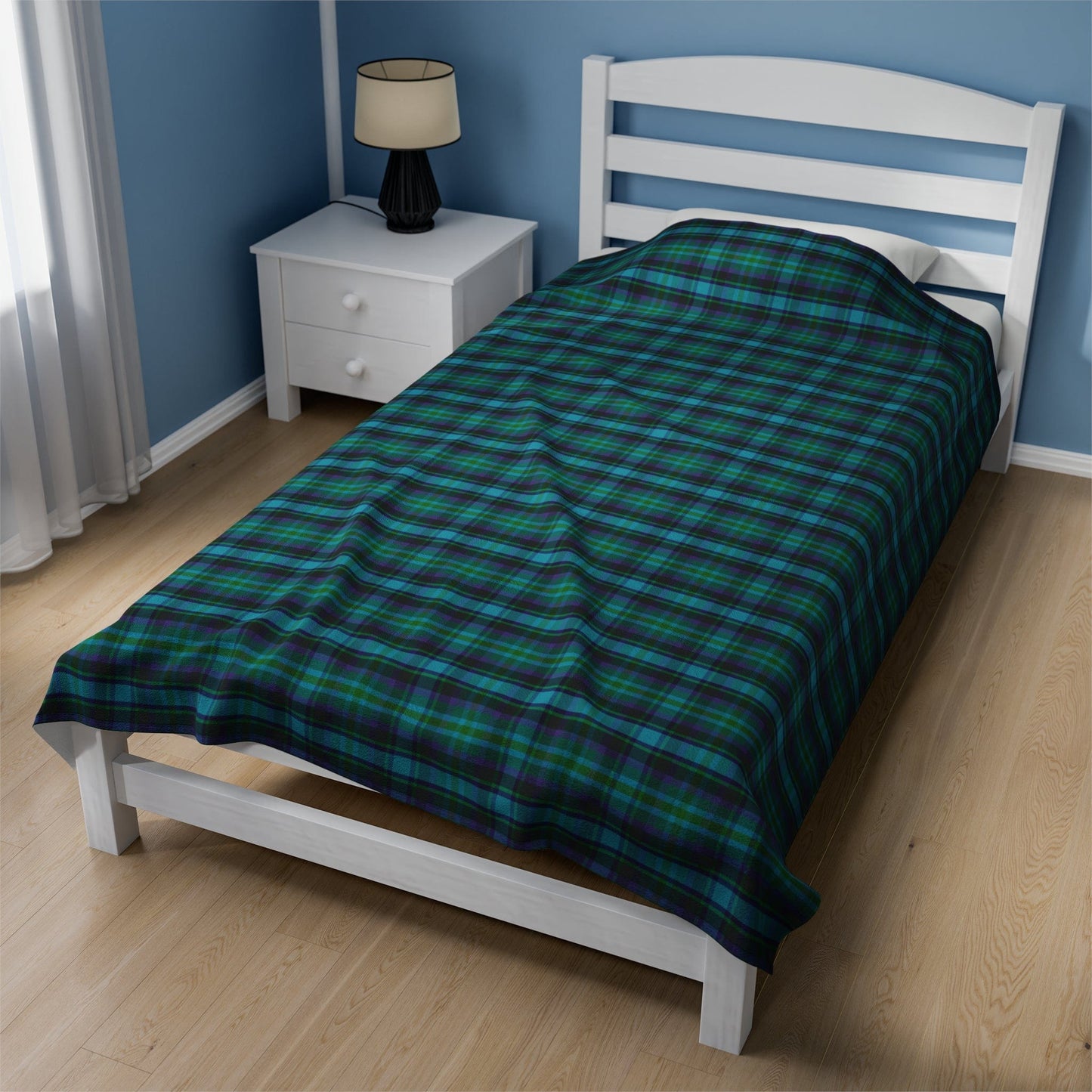 Green Blue Tartan Plaid Print Velveteen Super Soft Plush Blanket 60" X 80"