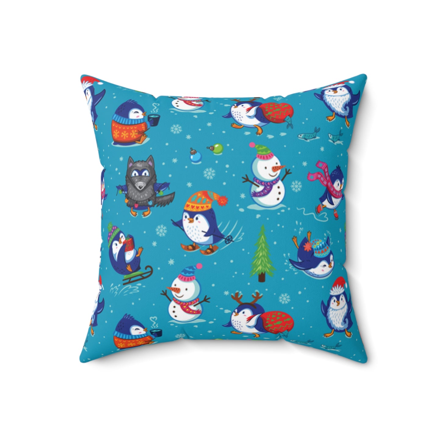 Whimsical Christmas Penguin and Snowman Spun Polyester Square Pillow (Cover & Pillow)