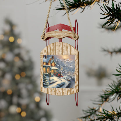 Snowy Christmas Village Sled Christmas Tree Ornament (Stocking stuffer, Friends Gift, Co-Worker Gift Bulk Savings)