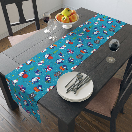 Whimsical Christmas Penguin and Snowman Table Runner 16" X 72"