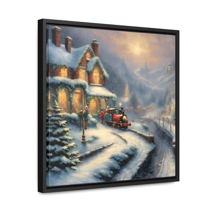 Snowy Christmas Village Train Gallery Canvas Wraps, Black Frame