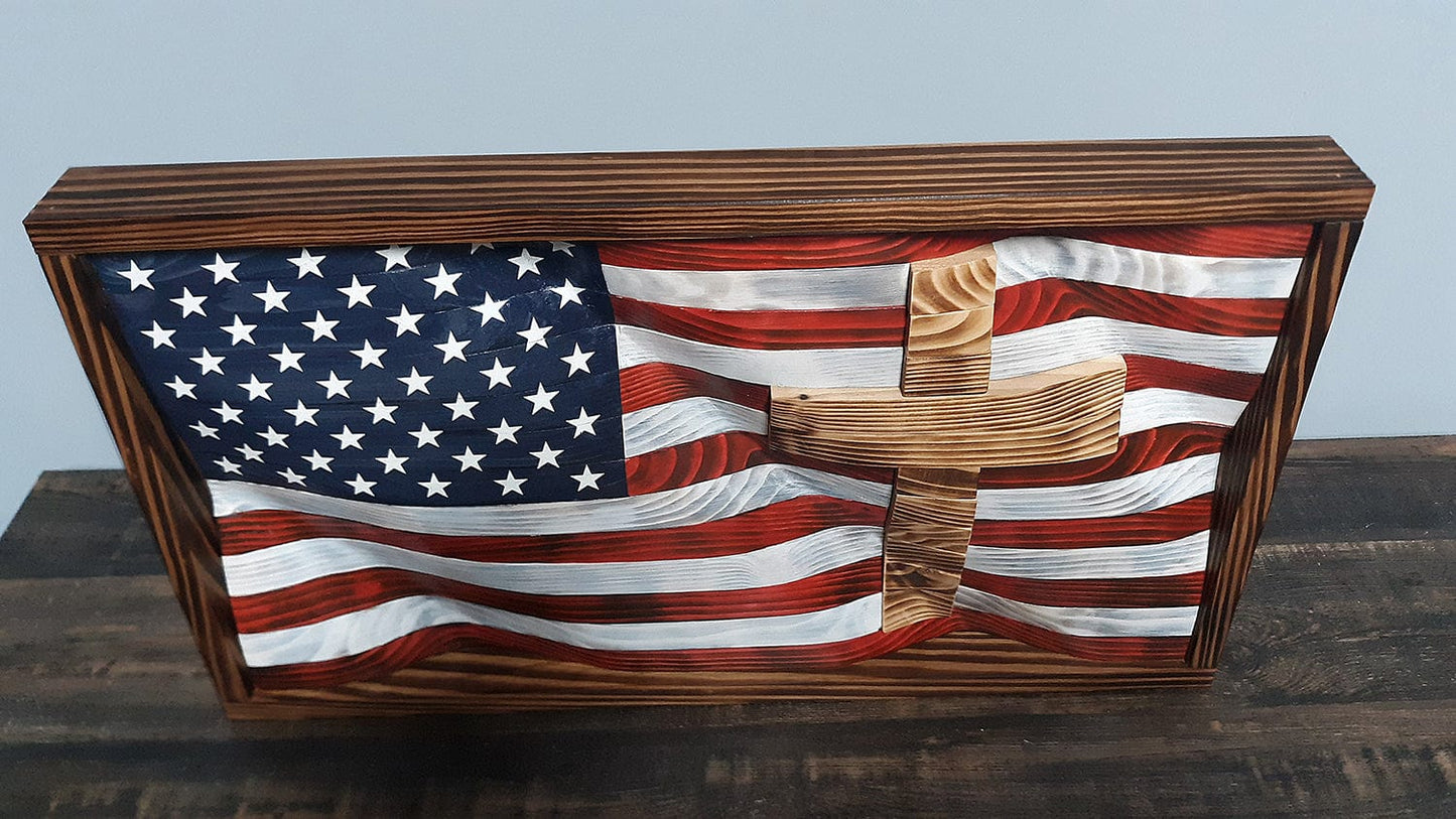 READY TO SHIP Framed Wavy Wooden American Flag with Inlayed Cross, Handcrafted Woodworking by Eric