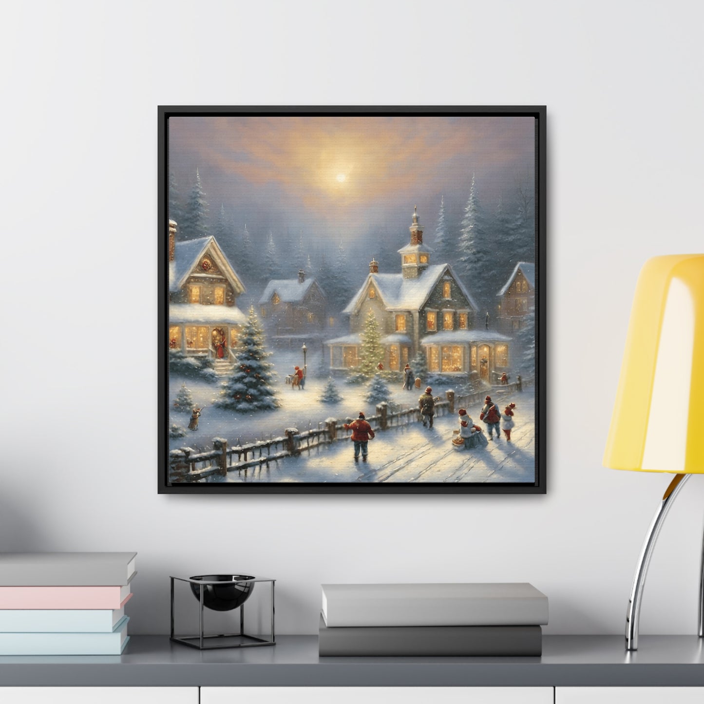 Snowy Christmas Village Gallery Canvas Wraps, Black Frame