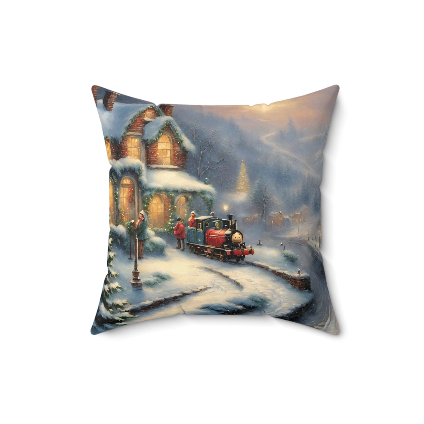 Snowy Christmas Village Train Spun Polyester Square Pillow (Cover & Pillow)