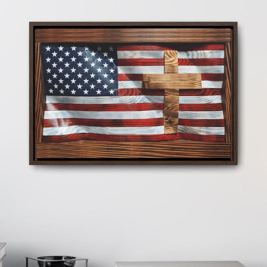 Wavy US Flag With Inlayed Cross Gallery Wrapped Canvas Art