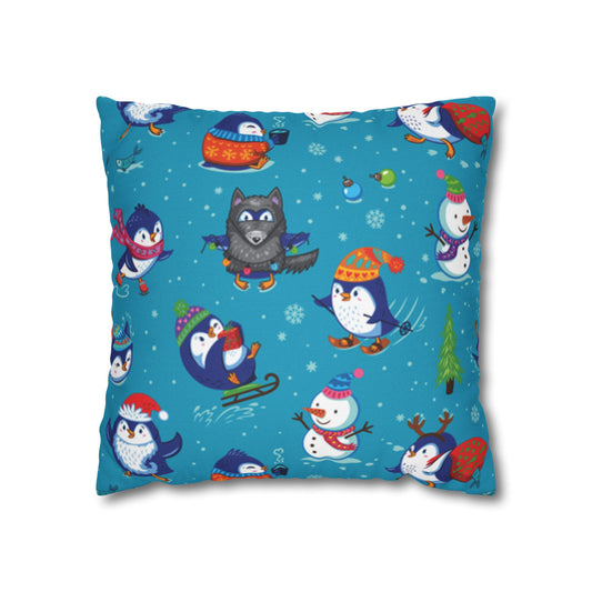 Whimsical Christmas Penguin and Snowman Spun Polyester Square Pillowcase (Cover Only)