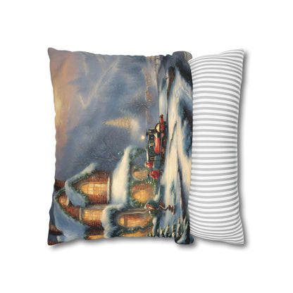 Snowy Christmas Village Train Spun Polyester Square Pillowcase (Cover Only)