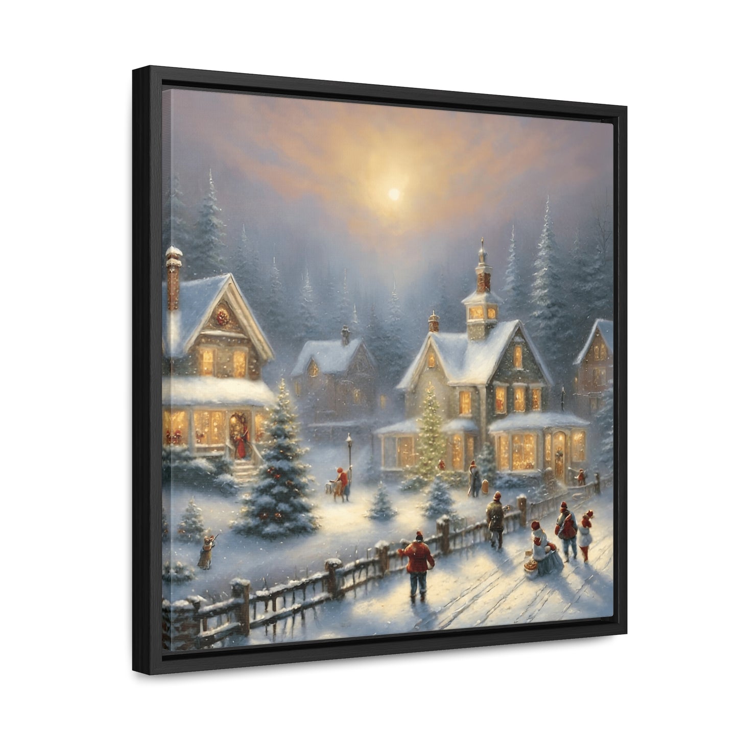 Snowy Christmas Village Gallery Canvas Wraps, Black Frame