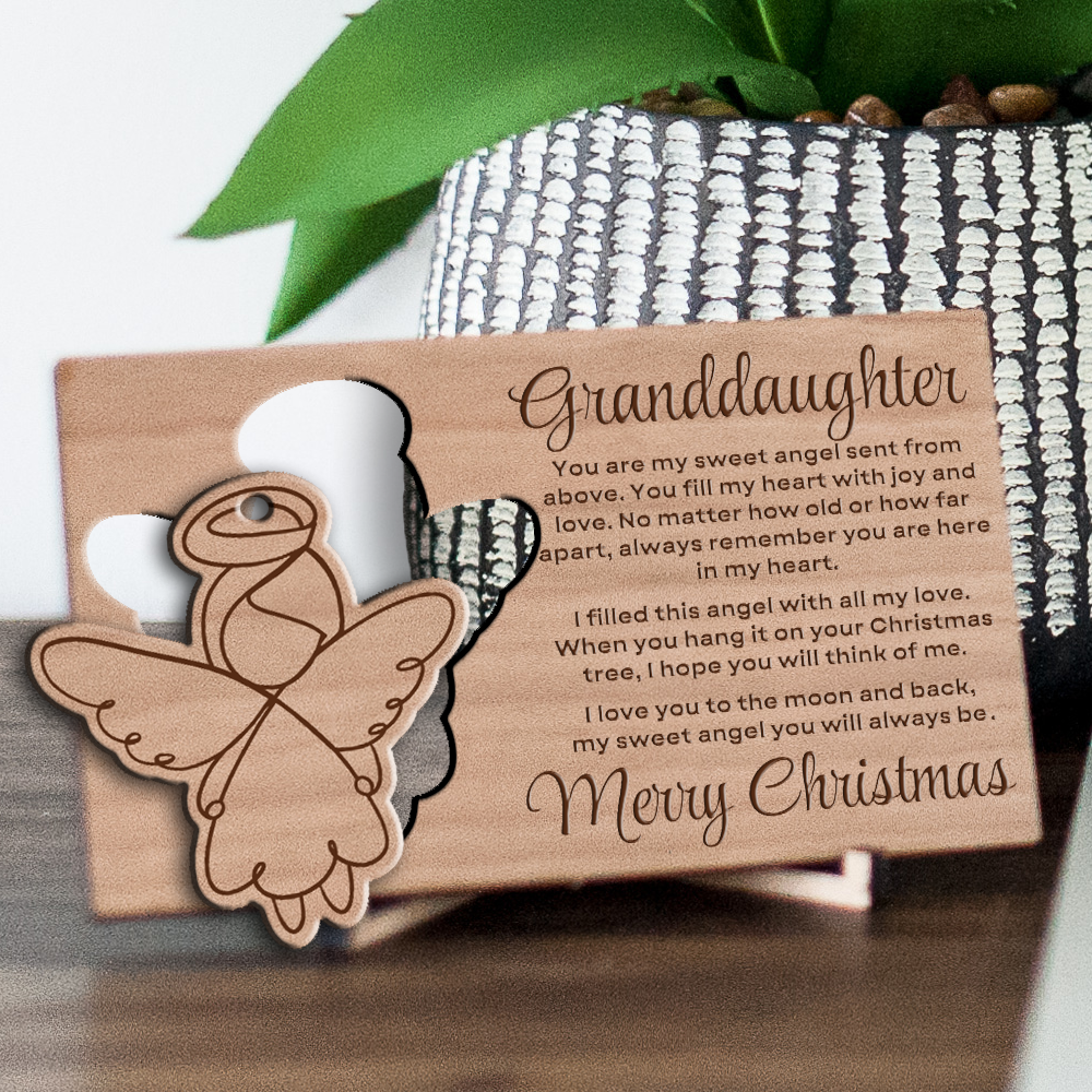 Granddaughter or Grandson Sweet Angel Engraved Wooden Postcard with Pop Out Angel Christmas Tree Ornament