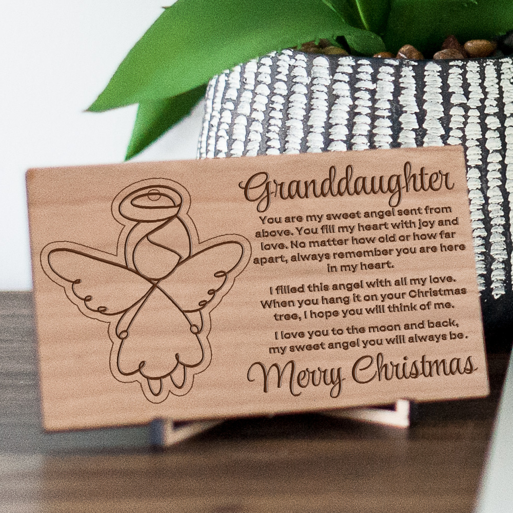 Granddaughter or Grandson Sweet Angel Engraved Wooden Postcard with Pop Out Angel Christmas Tree Ornament