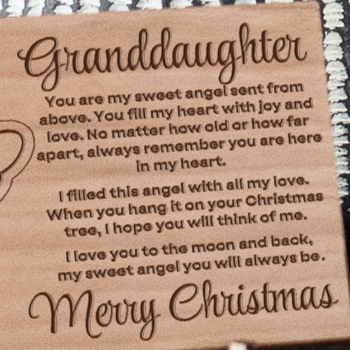 Granddaughter or Grandson Sweet Angel Engraved Wooden Postcard with Pop Out Angel Christmas Tree Ornament