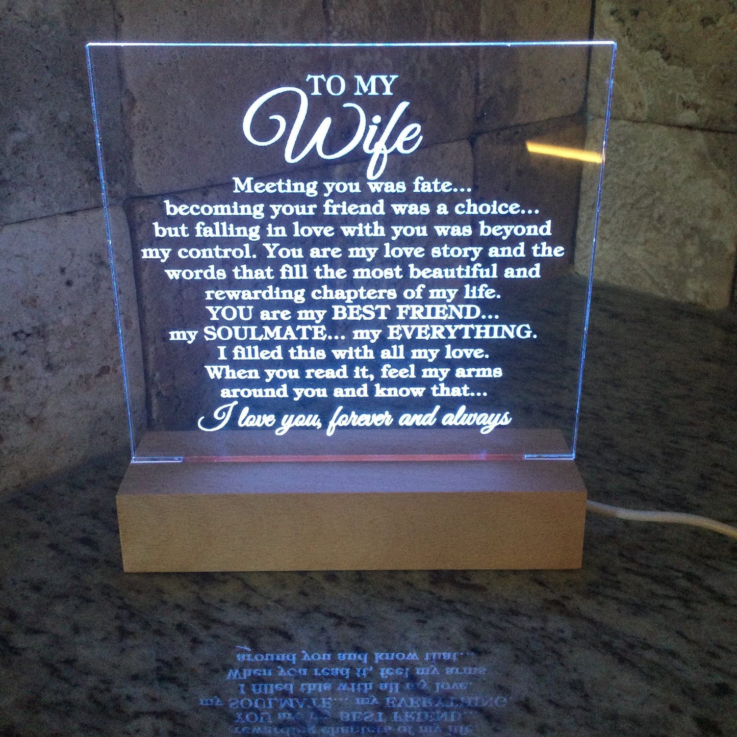 To My Wife "Meeting you was..." Acrylic Plaque With Lighted Wooden Base