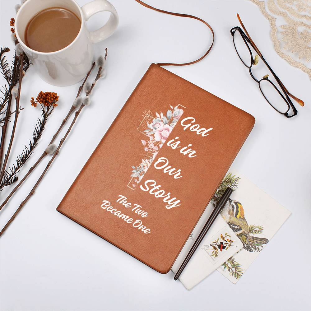 God Is In Our Story Roses Cross  Vegan Leather Wedding Journal