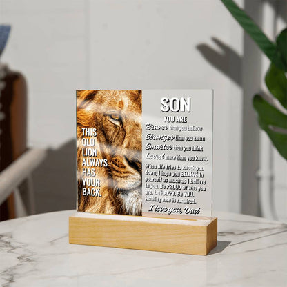 To Son From Dad "This old lion..." Acrylic Plaque With Lighted Base