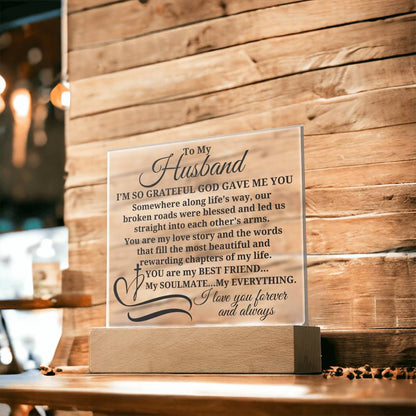 To My Husband "I'm so grateful..." Acrylic Plaque With Lighted Base