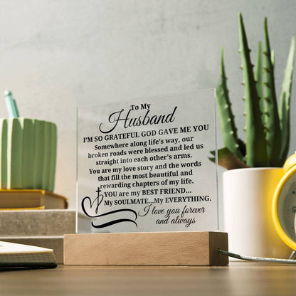 To My Husband "I'm so grateful..." Acrylic Plaque With Lighted Base