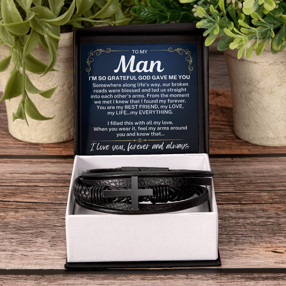 To My Man "I'm so grateful..." Men's Cross Leather Bracelet