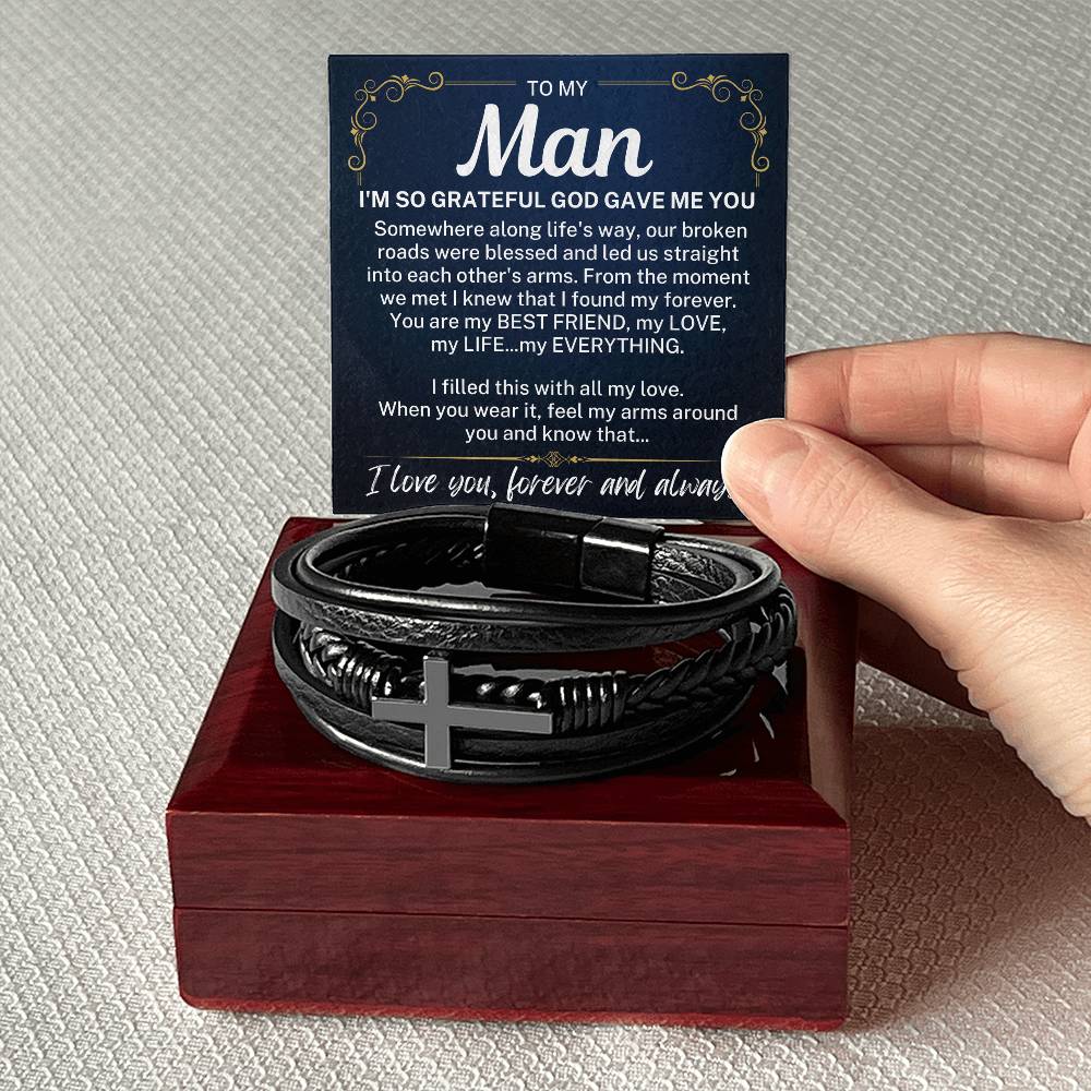 To My Man "I'm so grateful..." Men's Cross Leather Bracelet