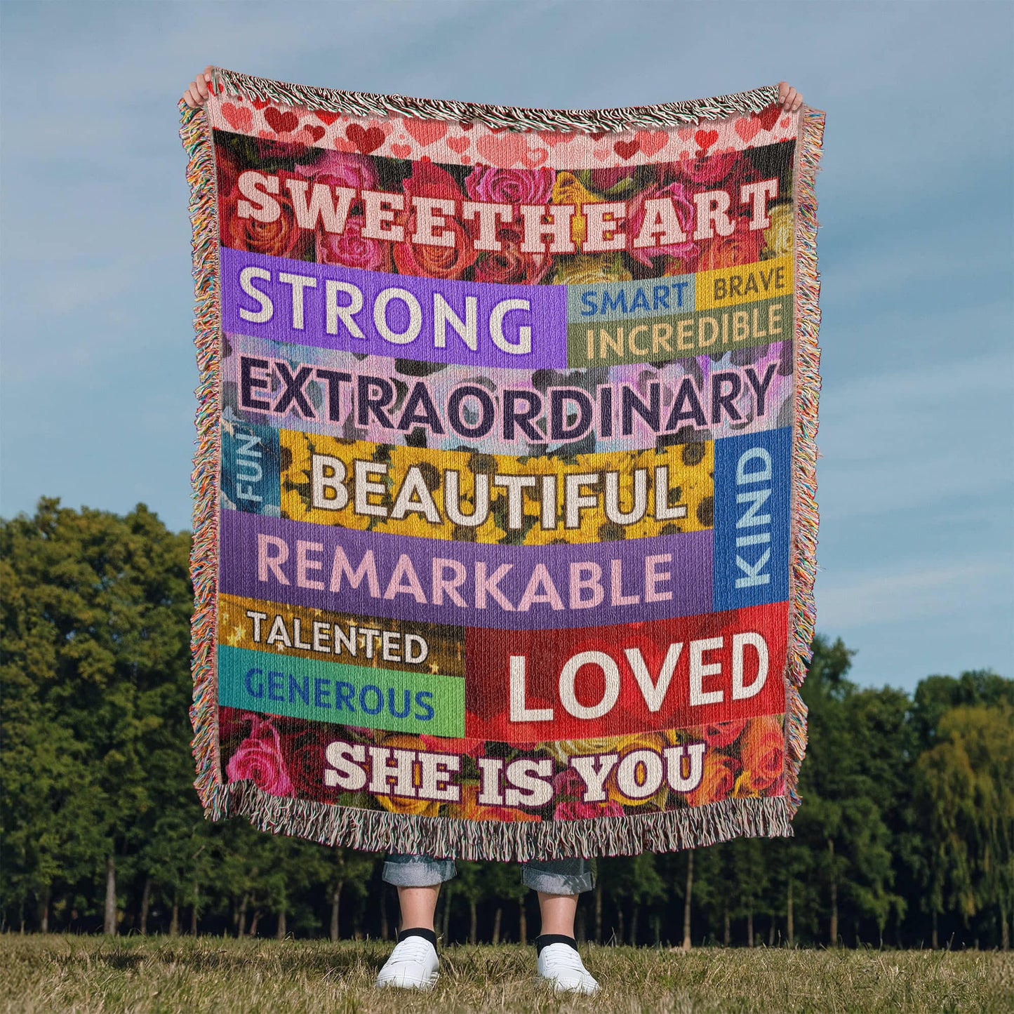 Sweetheart "She Is You" Loving Affirmations Heirloom Woven Blanket 50" X 60"