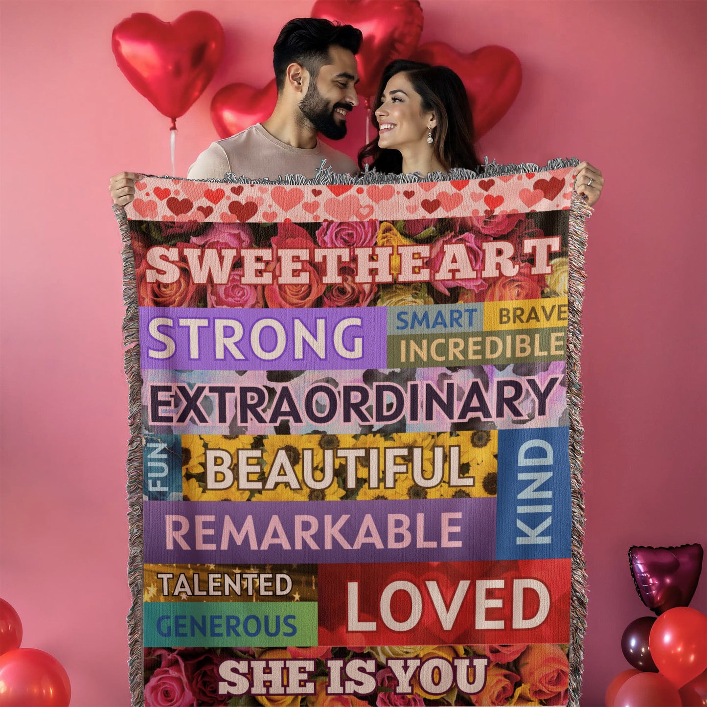 Sweetheart "She Is You" Loving Affirmations Heirloom Woven Blanket 50" X 60"