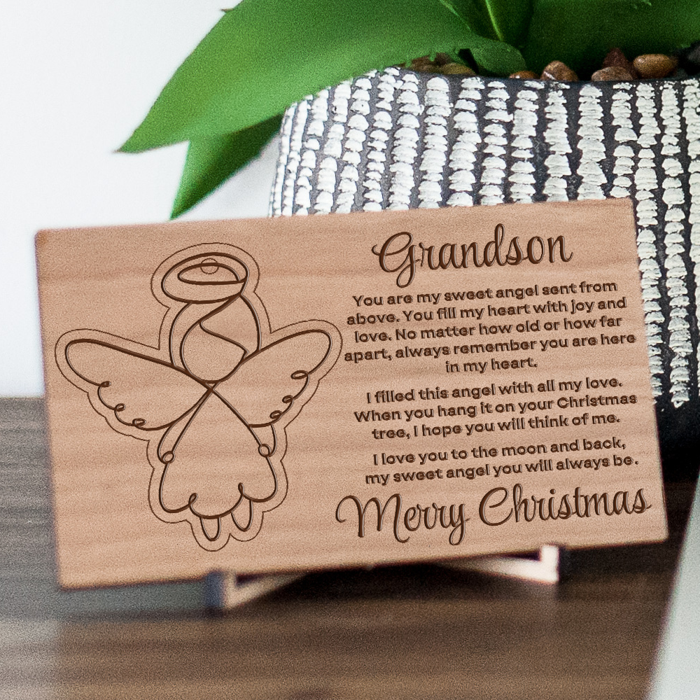 Granddaughter or Grandson Sweet Angel Engraved Wooden Postcard with Pop Out Angel Christmas Tree Ornament