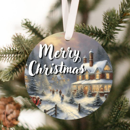 Exclusive Merry Christmas Village Tree Ornament (Stocking stuffer, Friends Gift, Co-Worker Gift Bulk Savings)