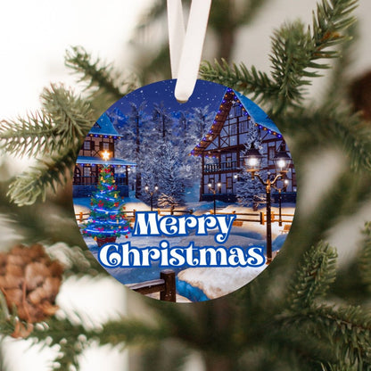 Merry Christmas Snowy Night Tree Ornament (Stocking stuffer, Friends Gift, Co-Worker Gift Bulk Savings)