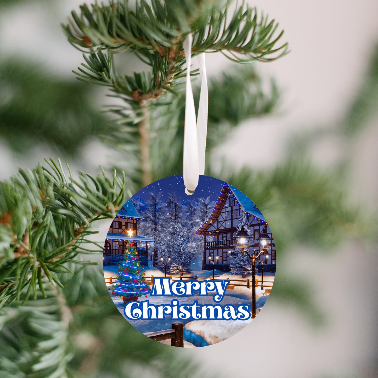 Merry Christmas Snowy Night Tree Ornament (Stocking stuffer, Friends Gift, Co-Worker Gift Bulk Savings)