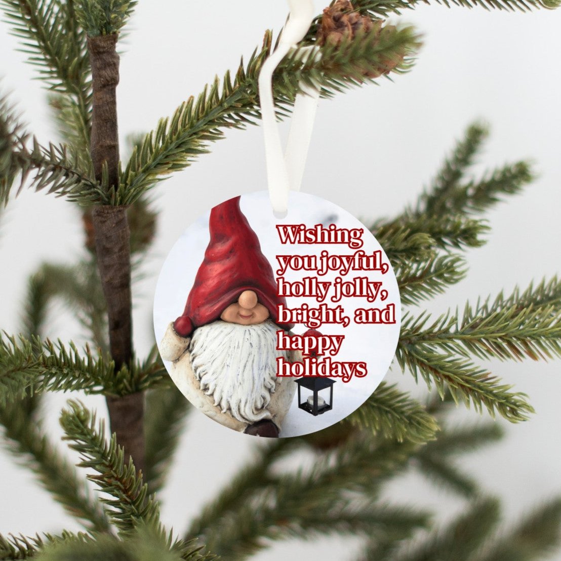 Happy Holidays Gnome Tree Ornament (Stocking stuffer, Friends Gift, Co-Worker Gift Bulk Savings)