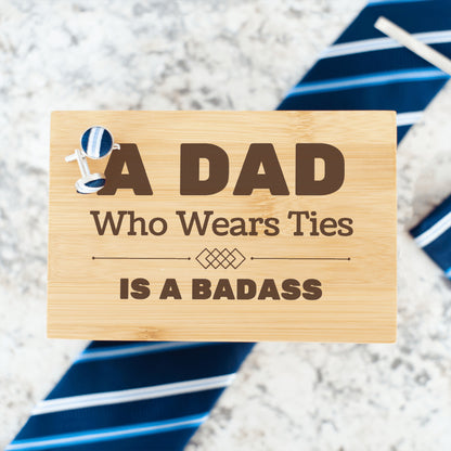 "A Dad Who Wears Ties is a Badass" Engraved Tie Gift Box: Includes Premium Tie, Tie Clip, and Matching Handkerchief