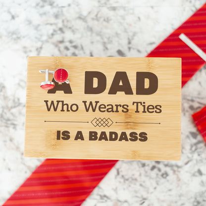 "A Dad Who Wears Ties is a Badass" Engraved Tie Gift Box: Includes Premium Tie, Tie Clip, and Matching Handkerchief