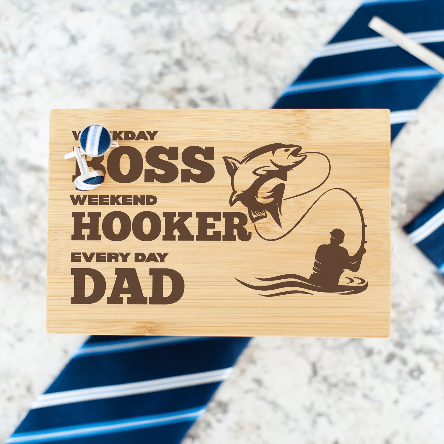 "Boss Hooker Dad." Funny Fisherman Engraved Tie Gift Box: Includes Premium Tie, Tie Clip, and Matching Handkerchief